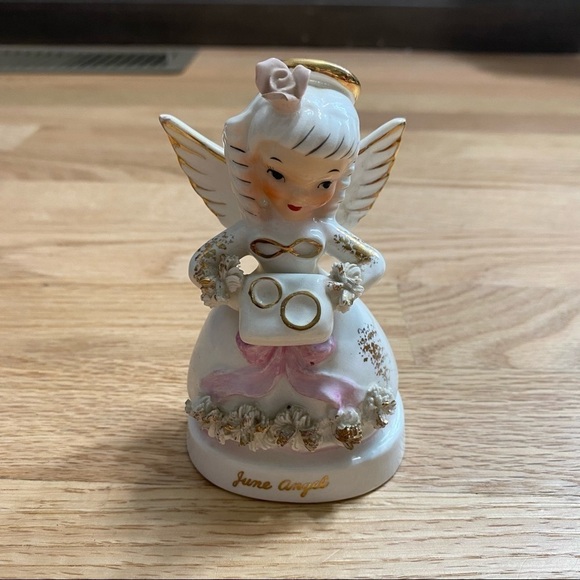Vintage June Angel Figurine - Napco Japan Ceramic Birthday  Vintage Napco June Porcelain Angel June Wedding Rings White Gold